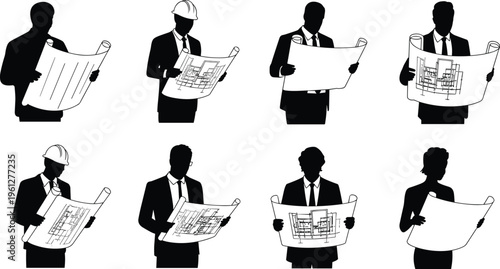 Silhouettes of architects, engineers, construction workers, project managers holding blueprints, teamwork planning, architecture design, building development,Silhouettes of architects, engin