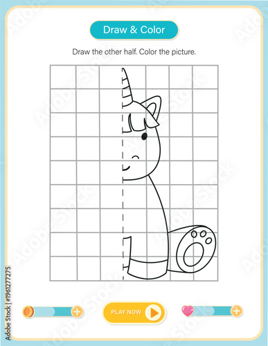 Cute educational worksheet for kids featuring a half-drawn unicorn on a grid. Children are invited to complete the missing half of the picture and color it. Perfect for developing drawing skills
