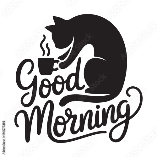 Good Morning Typography with Cat and Coffee Cup Minimalist Vector Illustration