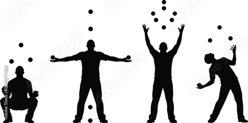 Black silhouette set of male performer juggling balls in various poses depicting multitasking, skill, circus entertainment, and business balance concepts.