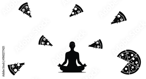 person meditating surrounded by pizza slices silhouette