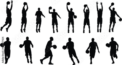 Black Silhouette Set of Professional Basketball Players Dribbling Shooting and Jumping Isolated on White Background for Sports Graphic Design Elements