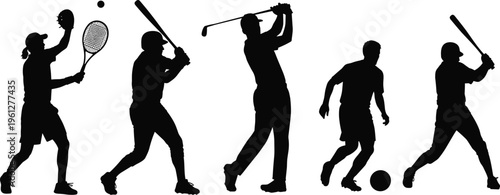Black silhouettes of diverse athletes playing tennis, baseball, golf, and soccer isolated on white background, professional sports action vector icons.