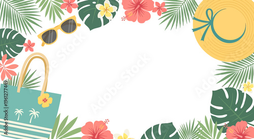 Summer vacation tropical floral frame design.