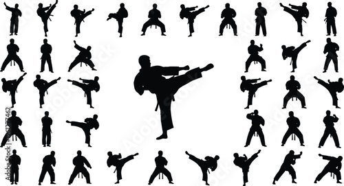 Black silhouettes of karate and taekwondo fighters performing kicks blocks and stances isolated on white background for martial arts design