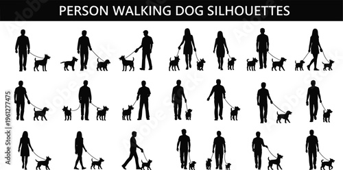 Black vector silhouettes of men and women walking dogs on leashes, various breeds, people strolling with pets isolated on white.
