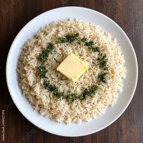 White plate of rice with butter and herbs on a wooden table top view