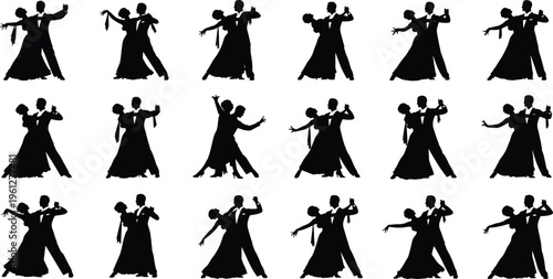 Elegant Ballroom Dancing Silhouettes Set of Couples in Formal Attire Performing Waltz Tango and Salsa for Wedding Invitation and Gala Event
