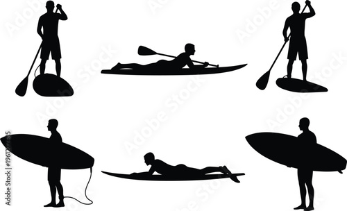 Black Silhouettes of People Stand Up Paddleboarding and Surfing, Men Carrying Surfboards, Paddling on Water, Outdoor Summer Water Sports Vector