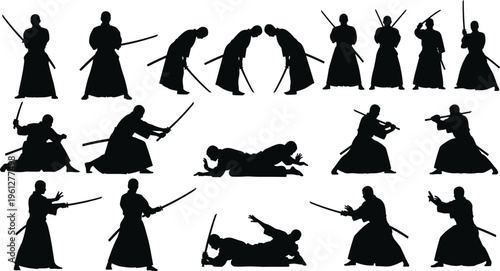 Japanese Samurai Silhouette Set Featuring Katana Sword Poses Traditional Martial Arts Kendo Iaido Aikido Warrior Figures Isolated On White Background Vectors