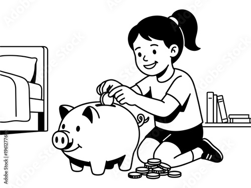 Life Skills Child Saving Coins in Piggy Bank Outline Vector