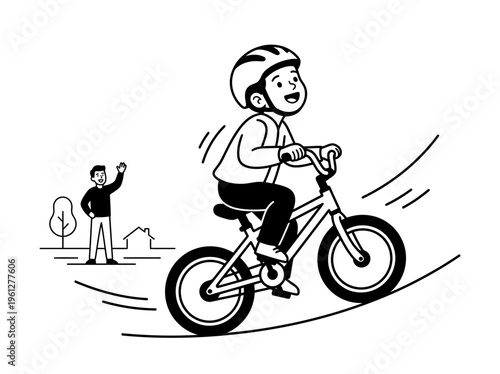 Life Skills Child Riding Bicycle Outdoors Outline Vector