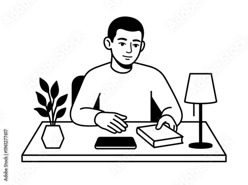 Life Skills Person Placing Phone on Desk Outline Vector