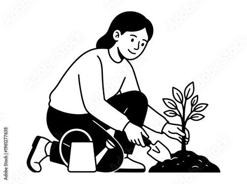 Life Skills Person Planting Tiny Tree Outline Vector