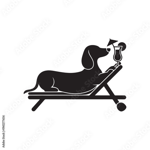 Minimalist Dog Relaxing on Lounge Chair with Cocktail Silhouette Vector
