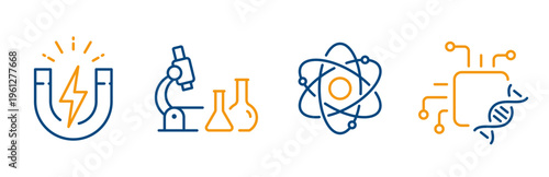 icons of biomedical electronics, magnet charge, peaceful atom, clinic laboratory, physics icon set, editable web symbols