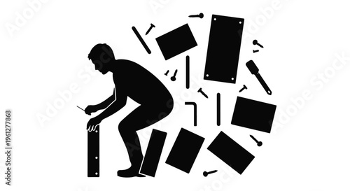 silhouette man assembling furniture with tools