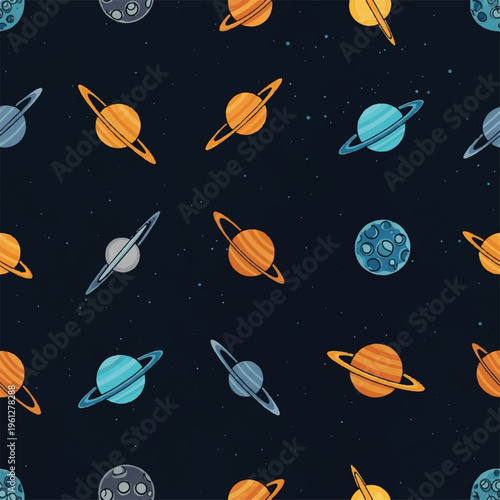 Colorful Planets and Rings Drifting Across a Dark Cosmic Space Scene.