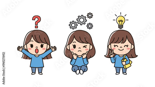 girl thinking problem solving ideas learning process flat design vector illustration