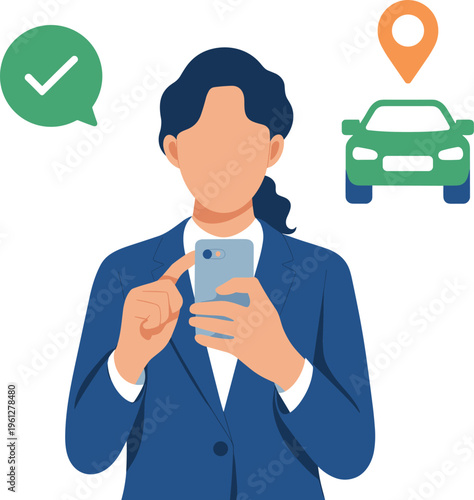 Businesswoman, using, smartphone, ride, sharing, app, taxi, booking, location, pin, check, mark, transport, service, mobile, navigation, flat, vector, illustration, concept