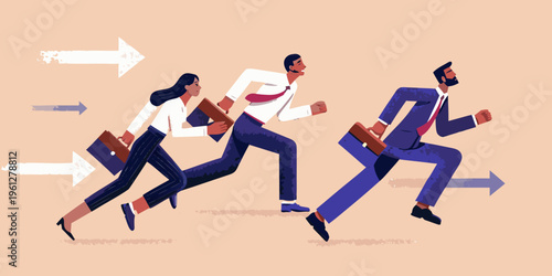 Business professionals are depicted rushing forward with briefcases in hand