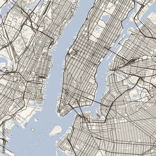 New York City Map Sophisticated Geometric Urban Topography Featuring Meticulous Linework and Balanced Composition in a Timeless Minimalist Scandinavian Blueprint Aesthetic for Gallery Display.