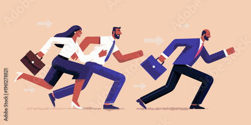 Three business people running forward with briefcases and determined expressions