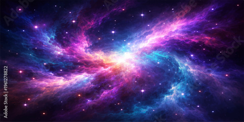 A deep blue abstract nebula glows within a dark cosmos field, featuring a bright starry galaxy and distant planet constellations across the vast outer space universe