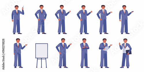 Diverse group of businessmen in suits with various poses and props