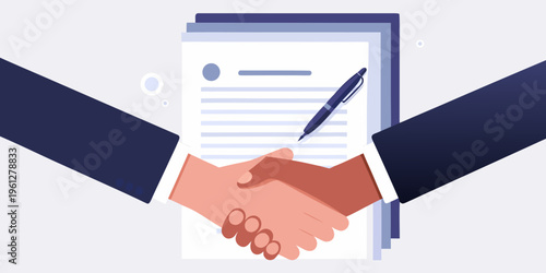 A handshake over a contract signifies agreement and a successful deal