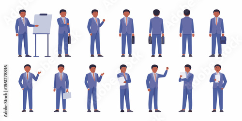 Diverse group of businessmen in suits shown in various poses and views