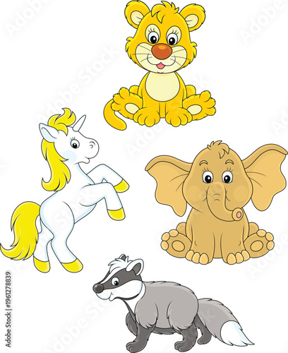 Vector cartoon set of a cute lion cub, a little unicorn, funny baby elephant and a badger