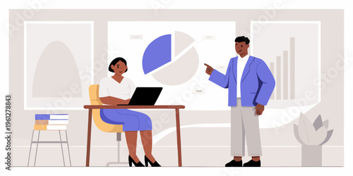 Business professionals collaborating on data analysis and presentation planning