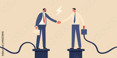 Two businessmen connect with a handshake over a digital divide