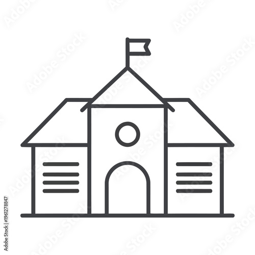 A simple line drawing of a building with a flag on top and an arched doorway