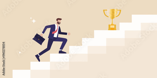 A businessman climbs stairs towards a golden trophy symbolizing success