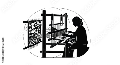 silhouette of woman working on textile loom