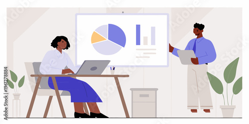 Business professionals collaborating on data analysis and presentation planning