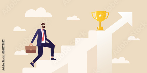 A businessman climbs a staircase toward a golden trophy in the sky
