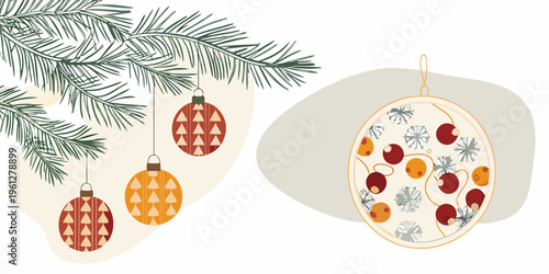 Festive christmas ornaments and pine branches in a modern illustration
