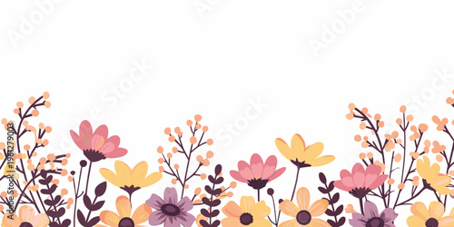 A colorful floral border of stylized blossoms and delicate stems