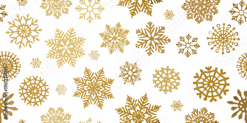 Golden snowflakes create a seamless festive winter pattern on white