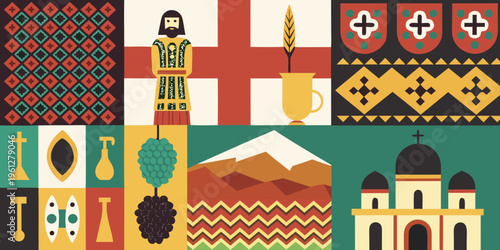 A colorful geometric pattern showcasing georgian cultural symbols and landscapes