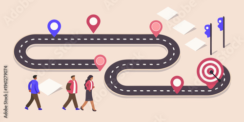 A winding road with location pins and people represents a journey