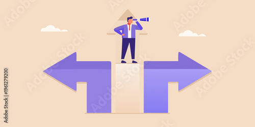 Man looking through a megaphone at a crossroads with diverging paths