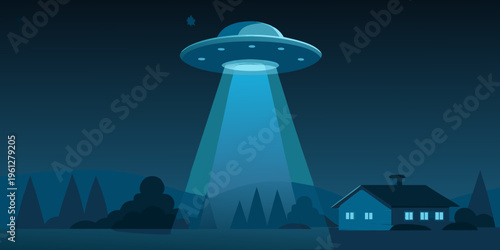 A classic flying saucer illuminates a small town at night