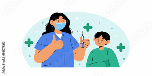 Doctor administering a vaccination to a young boy in a clinic setting