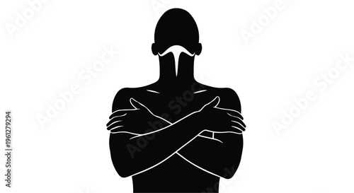 Black silhouette person wearing mask and helmet with crossed arms