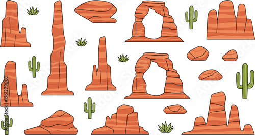 Vector illustration of desert landscapes with red rock formations, arches, spires, cacti, and sedimentary layers in cartoon style