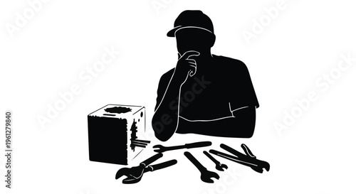 thinking worker with tools and box